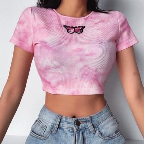 2021 Summer New Womens Sexy Tie-dye Vest Short-sleeved Round Neck Embroidered Letters Casual T-shirt Summer Slim Fit