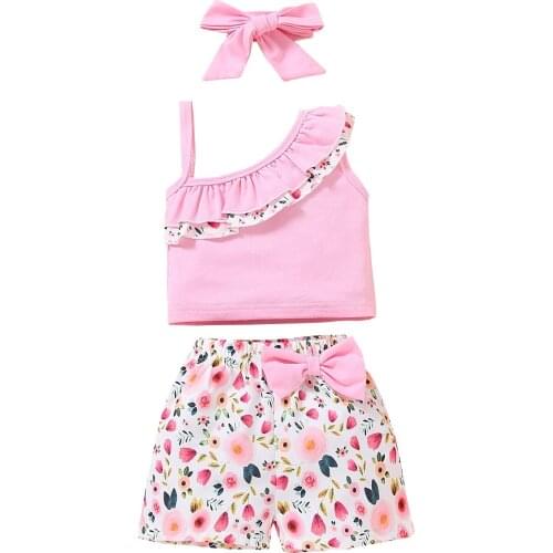 New Girl’s Summer Three Piece Set Fashion Ruffles Suspender Tops and Flower Bow Short Pants with Headband