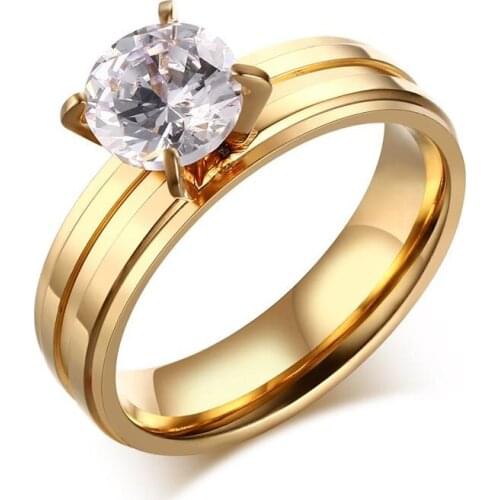 Engagement Ring for Female Gold Color Stainless Steel Big Stone Promise Jewelry
