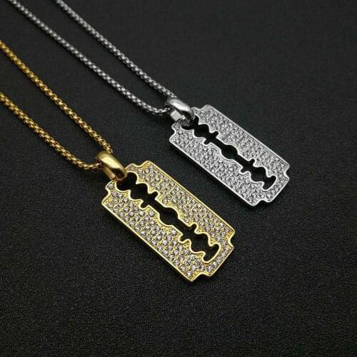 Iced Out Bling Razor Blade Pendant Necklace Gold Color Stainless Steel Chain Rhinestone Mens Hip Hop Jewelry Dropshipping