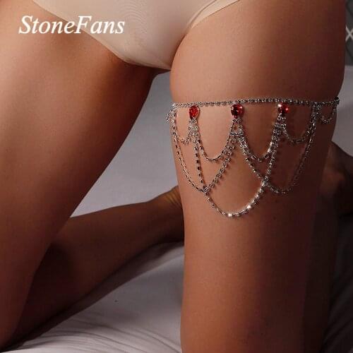 Stonefans Sexy Rhinestone Leg Thigh Chain Body Jewelry for Women Summer Shiny Multi Layer Red Crystal Leg Chain Beach Party Gift