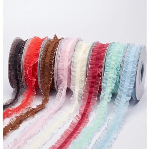 2.5CM X 50yards Pleated Lotus Leaf Gold Lurex Organza Edges Elastic Woven Ribbon for lace trimming linen gift packaging AN399