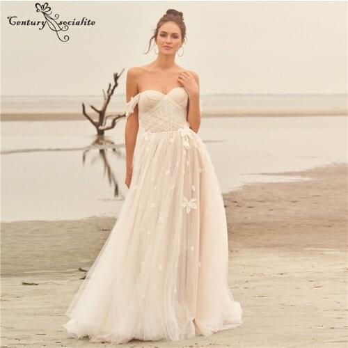 Simple Wedding Dresses Boho Lace Appliques Pleats Button Off the Shoulder A-Line Beach Bridal Gowns for Women Vestido De Noiva