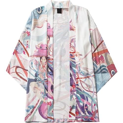 Handsome Casual Loose Kimono Men Shirts Open Front 3/4 Sleeve Japanese Style Print Cover Up Cardigan Vetement Homme 2021