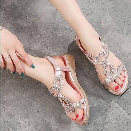 Women sandals new flat fashion rhinestone summer sandals women shoes solid color casual summer shoes open-toed wedge shoes woman