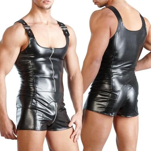 Sexy Men Sleeveless Open Crotch Faux Leather Zipper Bodysuit Shorts Jumpsuit