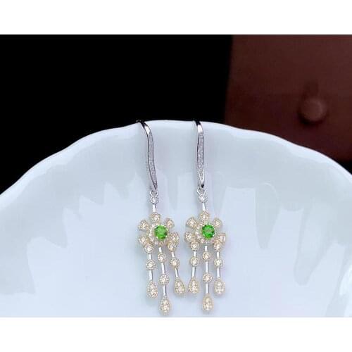 New pure natural Russian diopside earrings 925 silver Chinese style retro tassel earrings