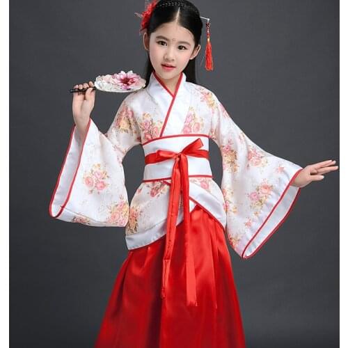 Hanfu Tang Costume Children Kain Traditional China Vintage Ethnic Fan Students Chorus Dance Costume Japanese Yukata Kimono Style