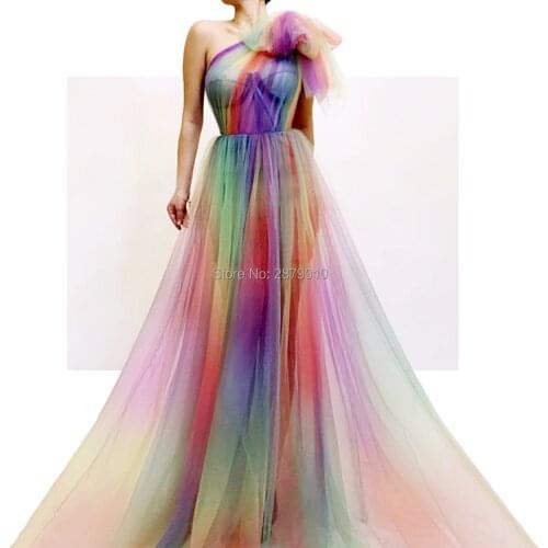 Colorful A-Line One-Shoulder Sleeveless Tulle Evening Dress Party Dress Bowknot Formal Dress Sash Full-Length Formal Dress