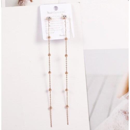 Fashion Long Earrings For Women Wedding Jewelry No Fade Rose Gold Color Stainless Steel Beads Link-chain Zircon Dangle Earring