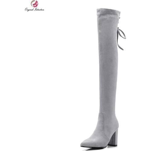 Original Intention Winter New Over the Knee High Lace-up Black Gray Boots Woman Pointed Toe Square Chunky Heels Sexy High Heels