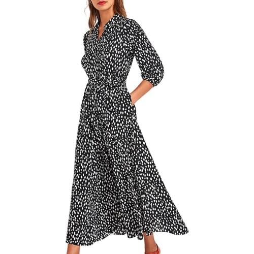 Summer Polka Dot Chiffon Dress Women Turn-Down Collar 3/4 Sleeve Belt Elegant Ladies Midi Dresses Boho Casual Dress