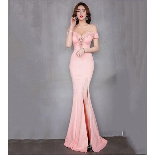 Elegant Pink Sexy Cross Bandage V-Neck Off Shoulder Party Gown Slim Long Mermaid Open Split Fashon Club Dresses