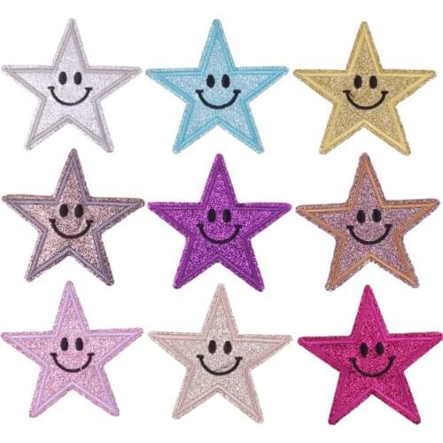 1Pcs Star Patches Smile Embroidered Patches For Clothing Glitter Applique Iron On Patches Clothes Stickers Garment Accessories