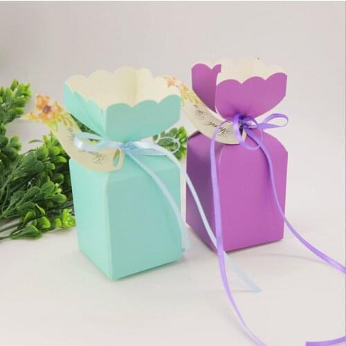 100 X Hot Sale Blue Purple Pink Red Vase Style Wedding Favors Candy Boxes Party Gift Box Baby Shower Box With Ribbons & Tags