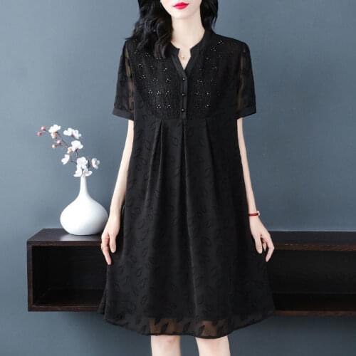 2021New Summer Dress Casual Short Sleeve Chiffon Black Dress Female Loose Women Temperament Was Thin and Covered Belly