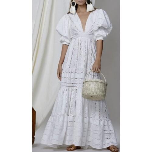 White Hollow Out Big Swing Maxi Dress Deep V Puff Sleeve Lace Dress High Quality