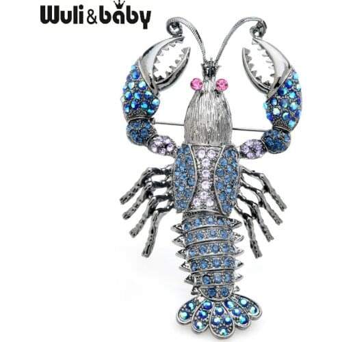 Wuli&baby Blue Rhinestone Big Lobster Brooches Women Alloy Banquet Party Brooch Pins Gifts