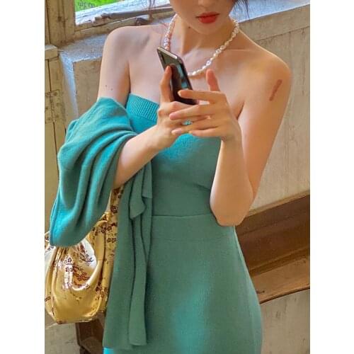 Homemade Hong Kong style retro new 100% wool knitted cardigan + chest wrap suit/high waist skirt