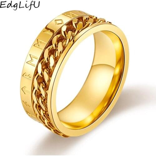 EdgLifU Norse Viking Symbol Ring Stainless Steel Gold Cuban Link Rotaal Rings Stainless Steel Rotatable Links Male Anel Alliance