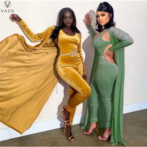 VAZN 2021 Autumn High-end Suede Set Overalls Solid Young Full Sleeve X-Long Cloth Tank Jumpsuits Slim 2PCs Set Women Suits