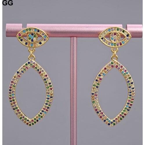 GuaiGuai Jewelry Yellow Gold Color Plated Cz Pave Colorful Cz Eye Oval Earrings For Women
