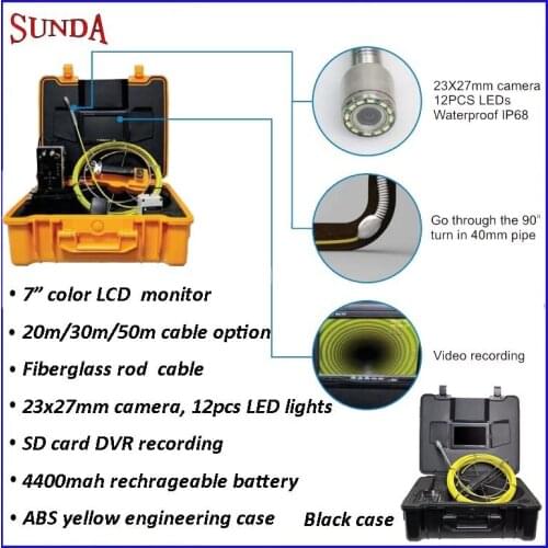 20m 30m 50m pipe insepction camera system dvr recording fiberglass rod 44000mah rechargeable battery drain pipe inspection cam