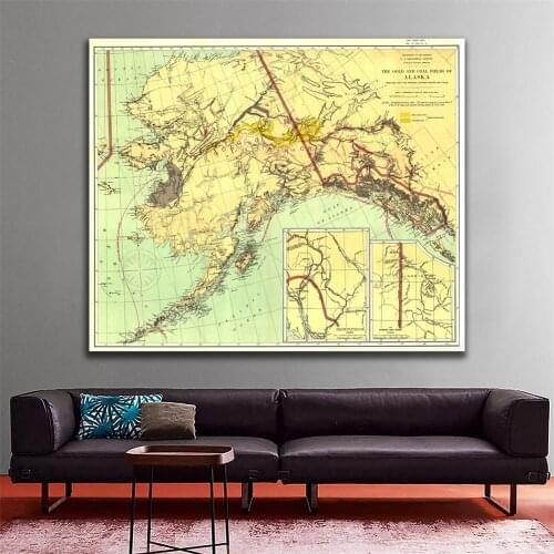1898 Edition Vintage Decor Map Wall Decor Painting The Gold And Coal Fields of ALASKA 90x90cm HD Spray Painting For Living Room