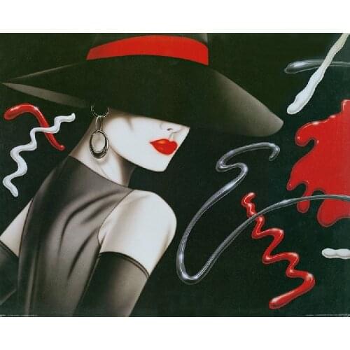 Canvas Picture cool modern fashion sexy and elegant lady prints art lady with hot red lips in a big hat free shipping
