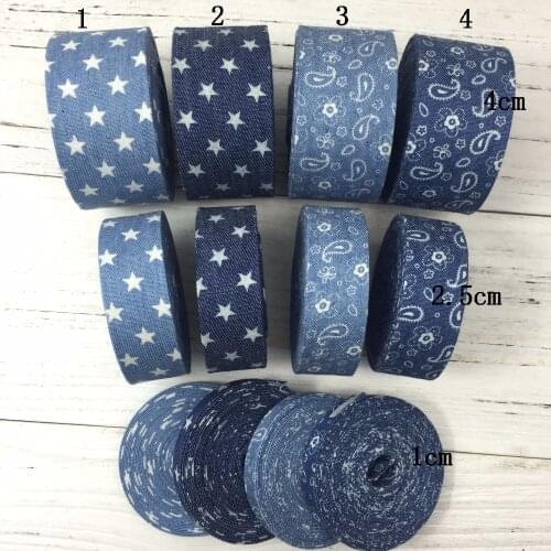 5Meter/Lot 10 25 40mm Cowboy Paisley Flower Ribbon Jeans Stars Printed Fabric Denim Ribbon DIY Hair Bow God Collar Material
