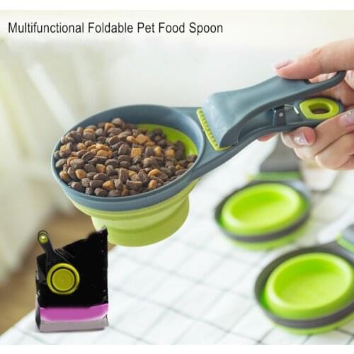 Multifunctional Folding Silicone Dog Bowl Feeder Portable Pet Food Container Measuring Cup Spoon Dogs Feed Storage Tool