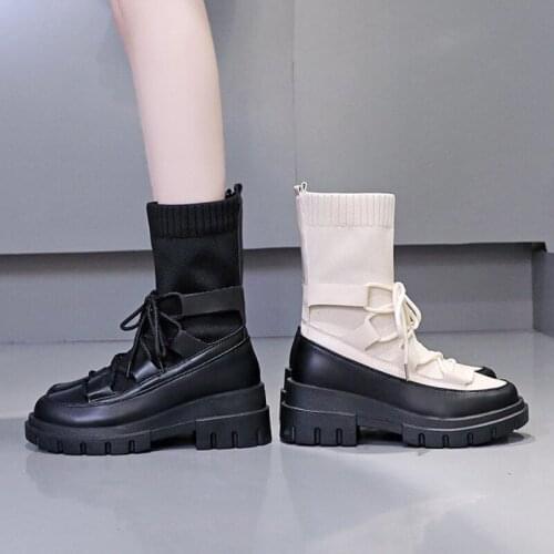 Fashion Women Mid-Calf Sock Boots Girl High Heels Platform Moto Boots Femals Cross-tied Lace Up Skinny Chelsea Boots Shoes