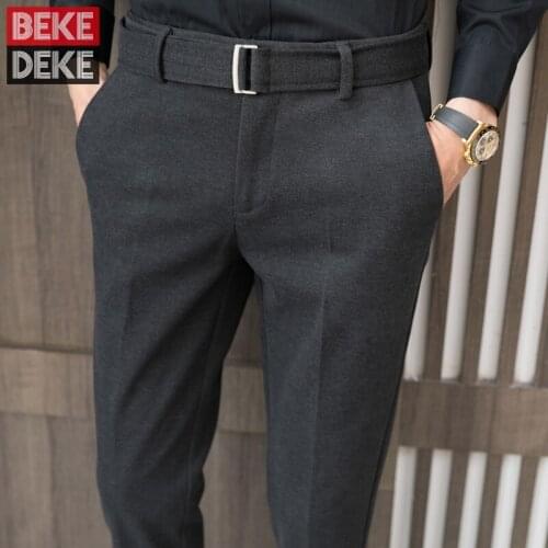 Mens Office Work Slim Fit Suit Cargo Pants Long Trousers New Business Casual Belted Pencil Pants Pantalones Hombre Plus Size 36