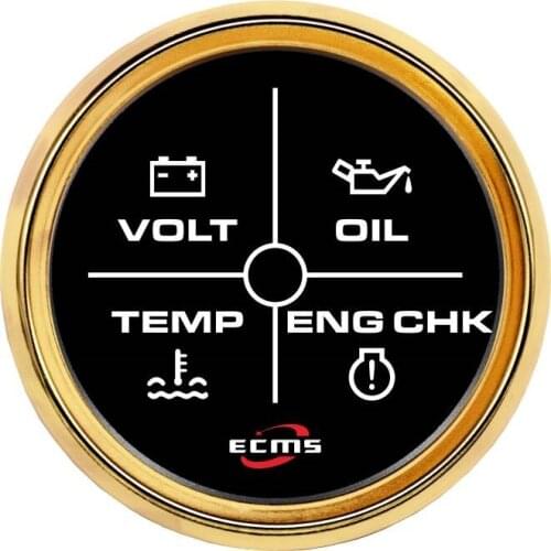 New Design Marine Boat 4 LED Alarm Gauge VOLT OIL TEMP ENG CHK 9-32V 52mm 2 Inch 316L Gold Bezel Black Dial 802-00158