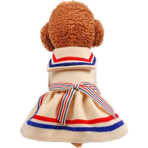 Pet Dog Cat Clothes, Autumn and Winter Warm Cat and Cat Dress, Teddy Dog College Style Japanese Bow Striped Student Woolen Skirt