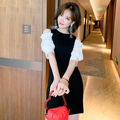 Awarose Black Strapless Patchwork Lantern Sleeve Slim Mini Dress Women Summer Solid Color Knitting Bodycon Female Vestidos