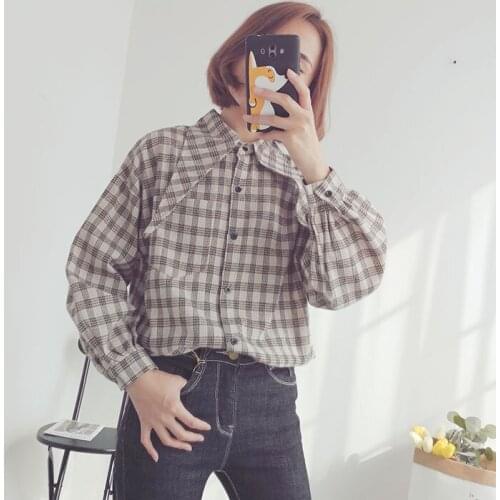 Vadim Blouse [ Than Correct ] Leisure Time Temperament ~2018 Spring New Pattern Lattice Nagao Lapel Sleeve Shirt Womens 8434