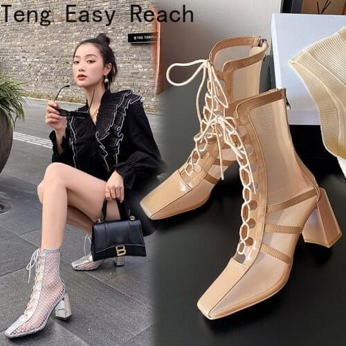 2021 The New Women Summer Ankle Boots Back Zipper Square head High Heels Mesh Female Sexy Square head Ankle Boots black silver
