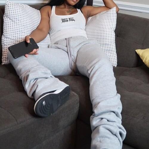 Women Street Style Gray Sweatpants for Women Drawstring Casual Extra Long Stacked Pants Autumn and Winter Thick Warm Trousers