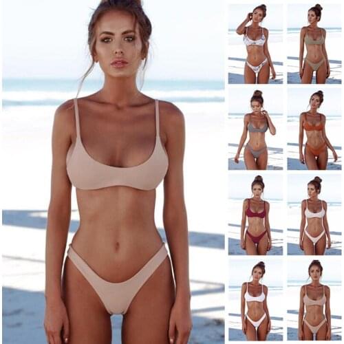 Bikini Suit Ladies Solid Color Low Waist Split Tube Top Womens Triangle Swimsuit Sexy Low-Cut Two-Piece Swimsuit 2020 New Women
