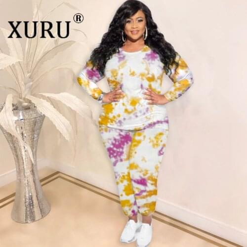 XURU European and American Hot Style Womens Casual Plus Size Jumpsuit Two-piece Tie-dye Printed Jumpsuit