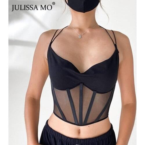 Julissa Mo Mesh Hollow Out Crop Top Women 2020 Sleeveless Backless Lace Up Corset Tops Sexy Black Slim Clubwear Female Camisole