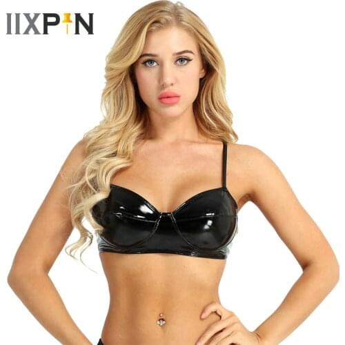 Womens Lingerie Bras Sexy Wetlook Faux Leather Pole Dance Crop Tops Clubwear Wire-free No Pad Bra Top For Rave Party Dancing