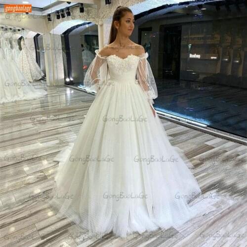 Elegant Boho Wedding Dresses Ivory 2021 vestido de noiva Long Puff Sleeves Bride Dress White Ball Gown Custom Made suknia slubna