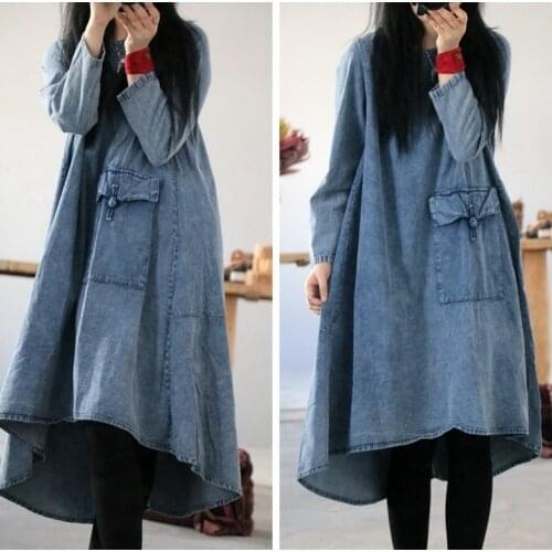 Women Loose Plus Size Denim Dress Ladies Vintage Bleached Oversize Big Pocket Denim Dress Female Robe Dress 2020 Spring