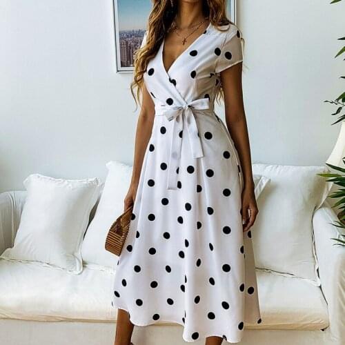 New 2019 Vintage Women Wrap Summer V Neck Polka Dot Print Mini Dress Retro Ladies Holiday Beach