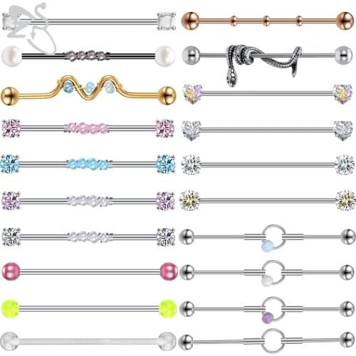 ZS 1PC 14g Surgical Steel Snake Industrial Barbell Ring for Women CZ Crystal Earring Ear Tragus Helix Piercing Body Jewelry 38MM