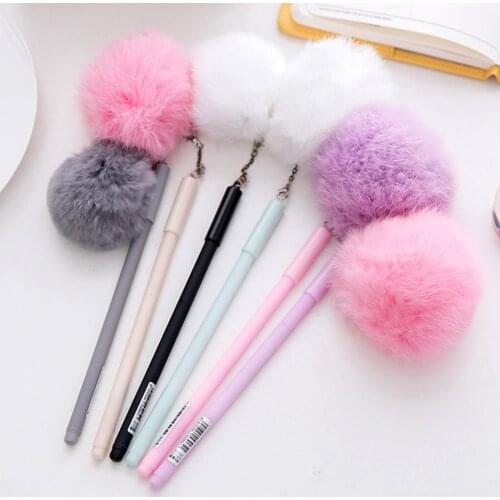 0.5mm Black Ink Cute Girl Women Faux Fur Pom Pom Ball Pendant Gel Ink Pen Gift School Office Stationerys Thing Stationarys Gift