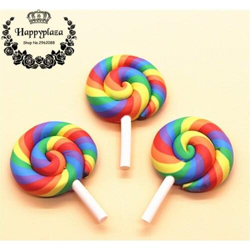 10pcs Clay Flatback Cabochon Kawaii Rainbow Handmade Lollipop Miniature Food Art Supply DIY Phone Case Decoration,28*42mm