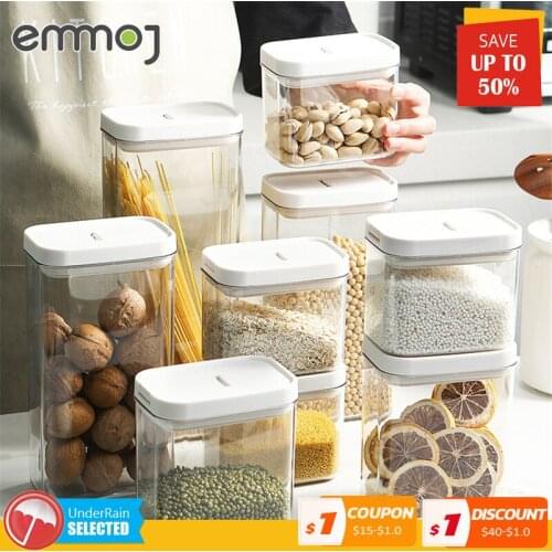 4pcs Transparent Sealed Cans Set Kitchen Rice Storage Box Vacuum Lid Nut Snacks Container Plastic Organizer Dog Cat Pet Food